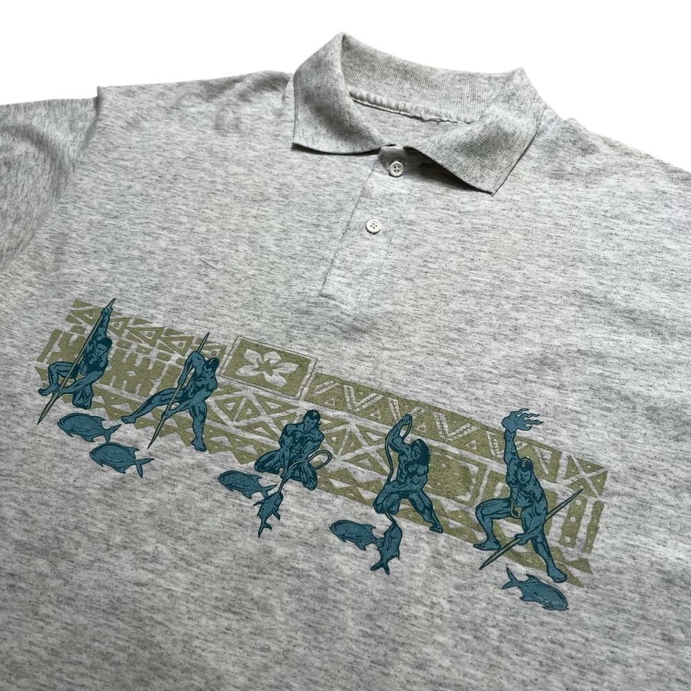 Unbranded Polo Shirt Mens M/L Grey Vintage Spear Fishing Graphic Tribal Print